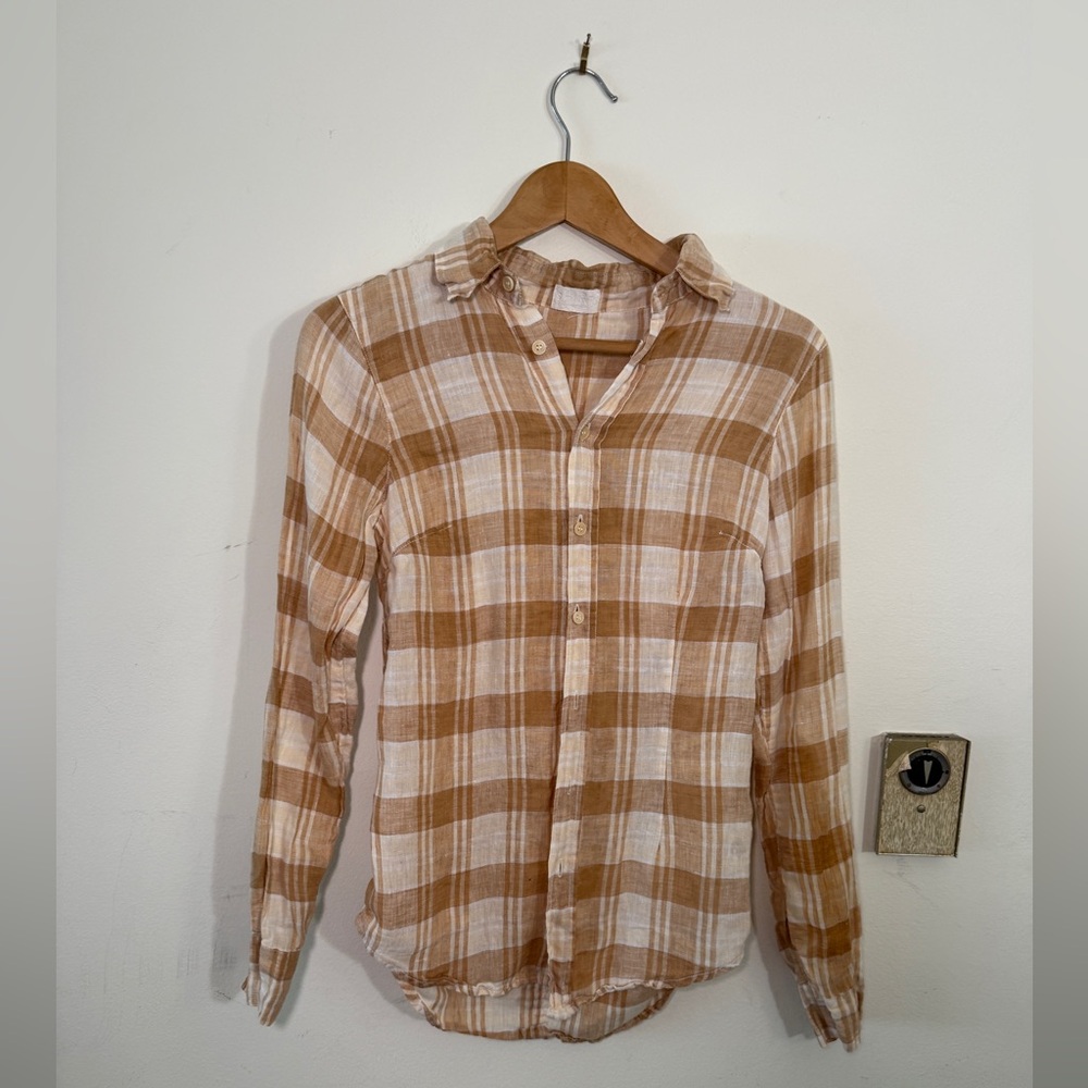 SHIRT - Linen Women's Plaid Beige and White Button Down Top - xs